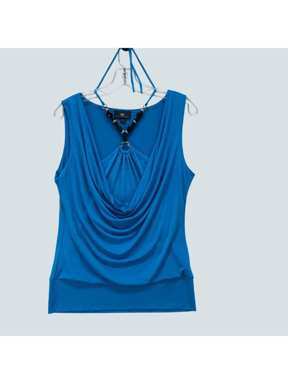 Iz Byer California Blue Sleeveless Draped Neck Blouse Beaded Necklace Womens XL